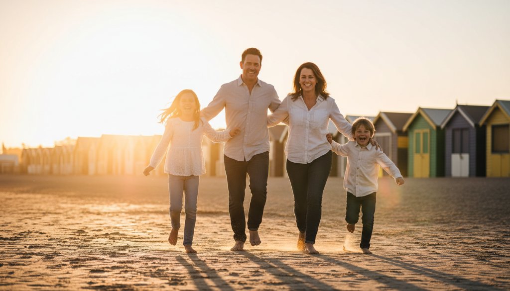 A joyous family of four captured in a candid, sun-drenched epic moment, laughing together in front of the colourful timeless family photography Brighton bathing boxes at sunset, reflecting authentic connection.