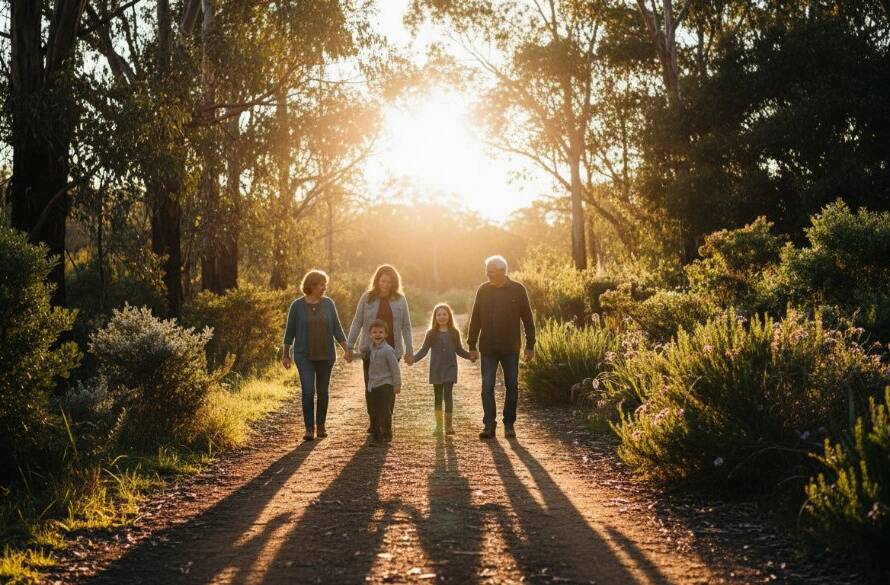 A candid, heartwarming photograph of a family laughing together amidst the golden light of sunset in a natural bushland setting in Park Orchards, Victoria, perfectly capturing timeless family photography Park Orchards capturing authentic joy.