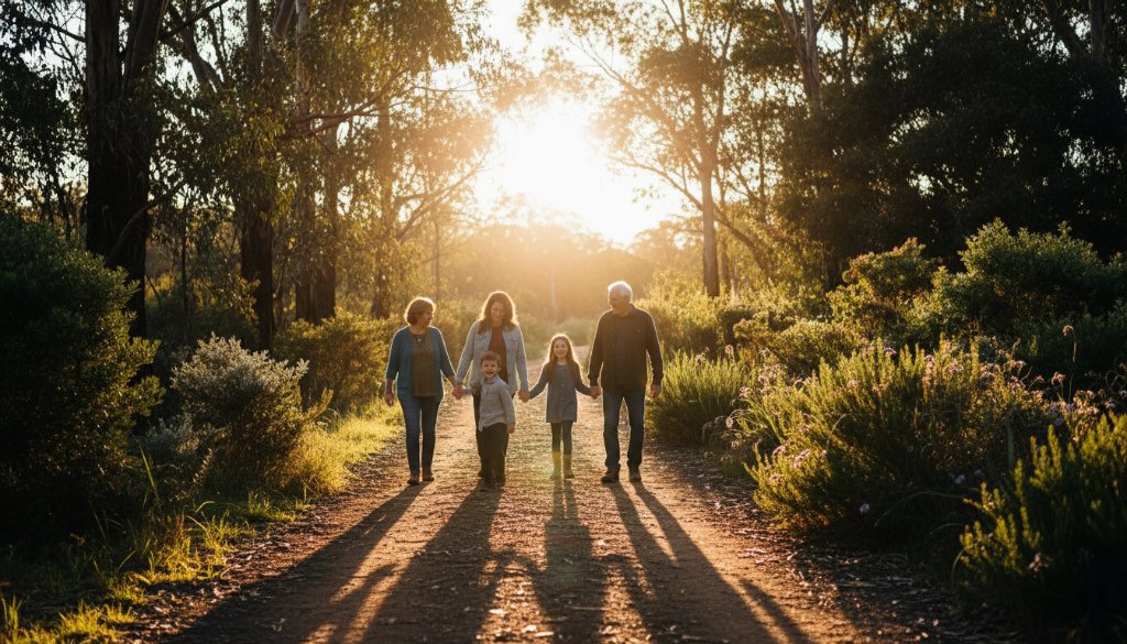 A candid, heartwarming photograph of a family laughing together amidst the golden light of sunset in a natural bushland setting in Park Orchards, Victoria, perfectly capturing timeless family photography Park Orchards capturing authentic joy.