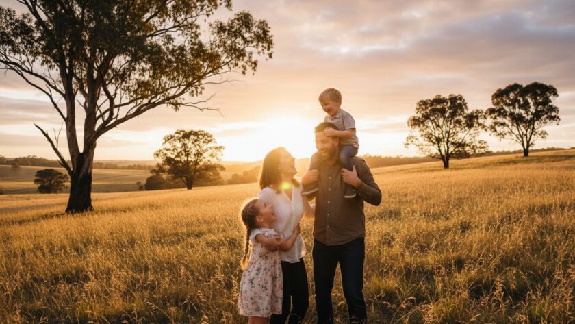 An epic moment captured: A family laughing joyfully amidst the golden hour glow of the Clunes goldfields, creating timeless family portraits amidst Clunes goldfields. The parents embrace their two young children as warm sunlight filters through eucalyptus trees, highlighting their genuine connection and happiness.