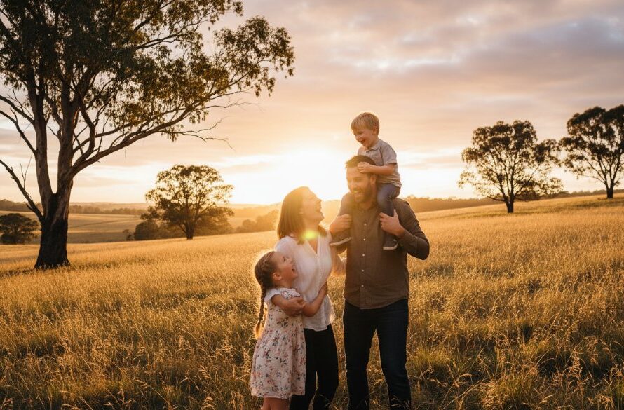 An epic moment captured: A family laughing joyfully amidst the golden hour glow of the Clunes goldfields, creating timeless family portraits amidst Clunes goldfields. The parents embrace their two young children as warm sunlight filters through eucalyptus trees, highlighting their genuine connection and happiness.