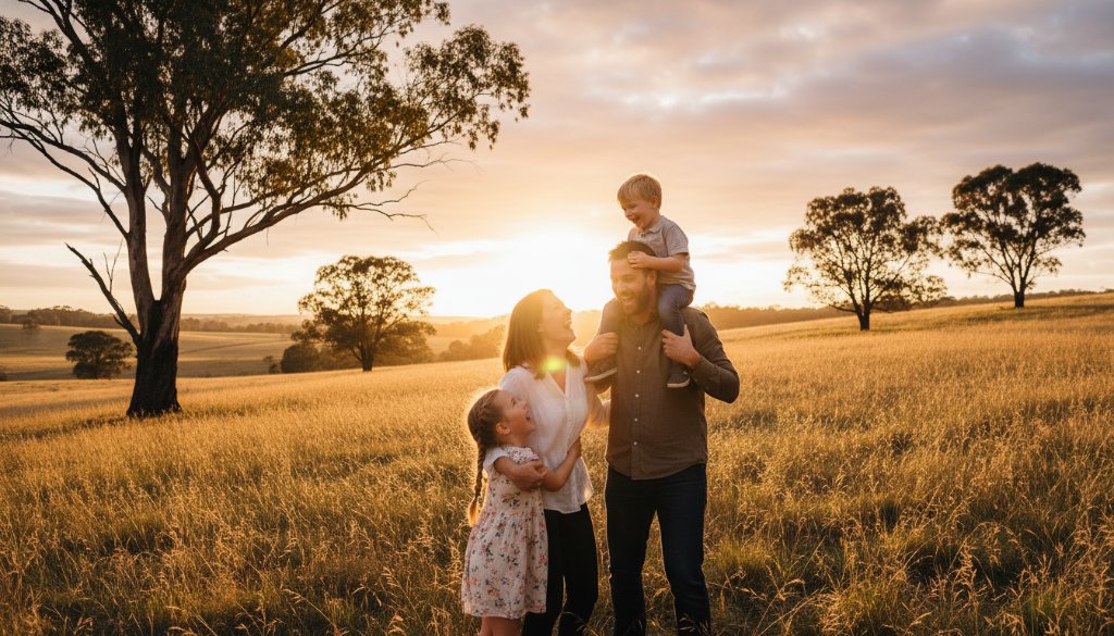 An epic moment captured: A family laughing joyfully amidst the golden hour glow of the Clunes goldfields, creating timeless family portraits amidst Clunes goldfields. The parents embrace their two young children as warm sunlight filters through eucalyptus trees, highlighting their genuine connection and happiness.