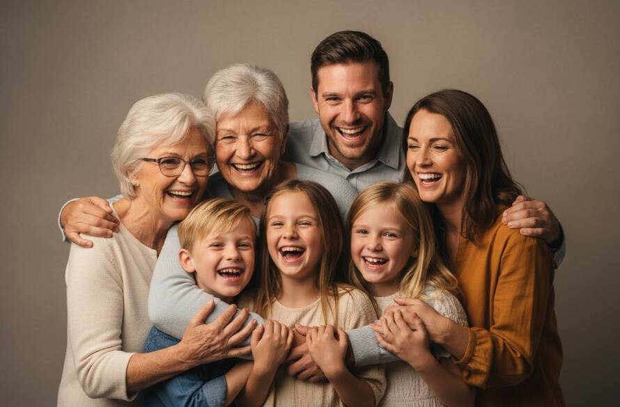 A heartwarming and timeless family studio photography Balwyn Victoria moment, featuring a family of four laughing genuinely, bathed in soft, ethereal studio light, creating an epic and emotionally resonant portrait.