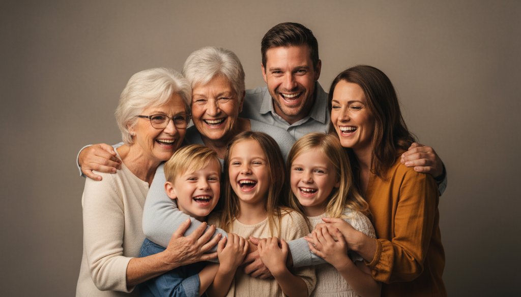 A heartwarming and timeless family studio photography Balwyn Victoria moment, featuring a family of four laughing genuinely, bathed in soft, ethereal studio light, creating an epic and emotionally resonant portrait.