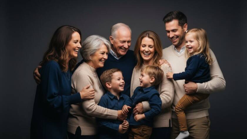A heartwarming, cinematic wide shot of a multi-generational family (grandparents, parents, children) laughing genuinely while posing for timeless family studio portraits in Bayswater North, bathed in soft, warm professional studio lighting, capturing a candid, joyful 'epic moment'.
