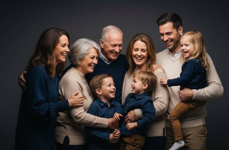 A heartwarming, cinematic wide shot of a multi-generational family (grandparents, parents, children) laughing genuinely while posing for timeless family studio portraits in Bayswater North, bathed in soft, warm professional studio lighting, capturing a candid, joyful 'epic moment'.