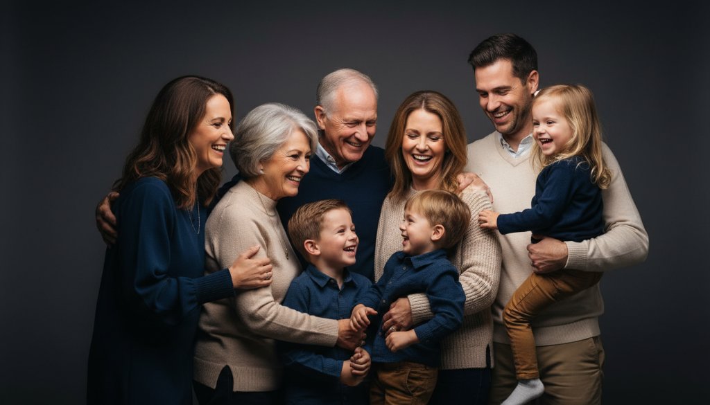 A heartwarming, cinematic wide shot of a multi-generational family (grandparents, parents, children) laughing genuinely while posing for timeless family studio portraits in Bayswater North, bathed in soft, warm professional studio lighting, capturing a candid, joyful 'epic moment'.