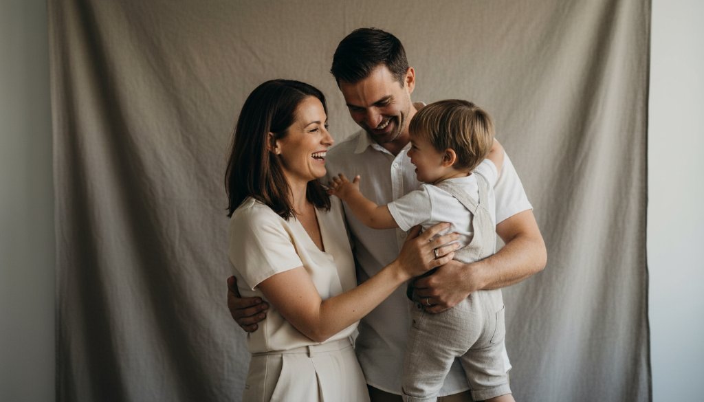 A heartwarming, candid photograph of a family embracing and laughing joyfully in a modern studio setting, capturing their unique bond for timeless family studio portraits Wantirna Victoria. Dramatic, soft lighting illuminates their faces, evoking a sense of enduring love and happiness.