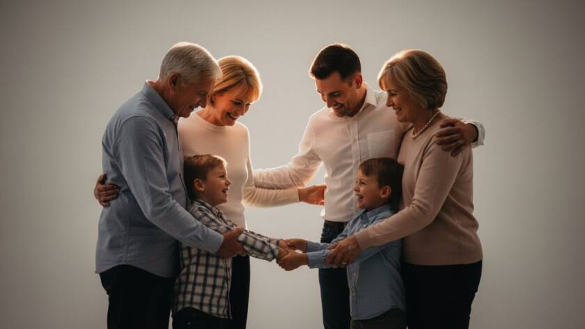 A family of four, dressed elegantly, shares a joyful embrace in a professionally lit studio, capturing timeless family studio portraits Warrandyte South Victoria, with warm backlighting creating a dramatic, emotional moment.