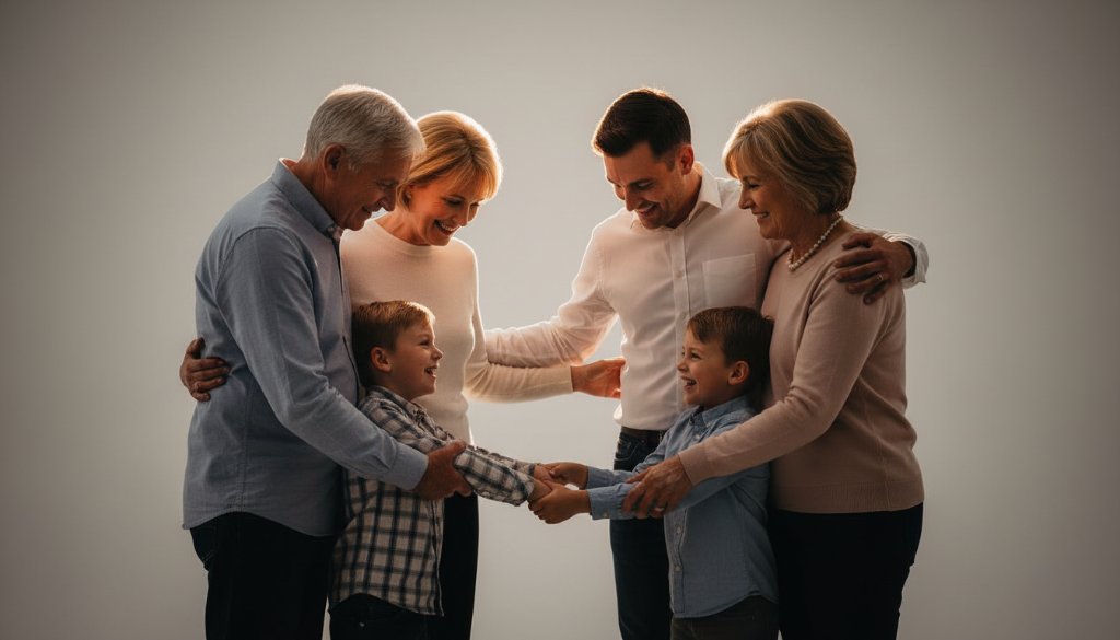 A family of four, dressed elegantly, shares a joyful embrace in a professionally lit studio, capturing timeless family studio portraits Warrandyte South Victoria, with warm backlighting creating a dramatic, emotional moment.