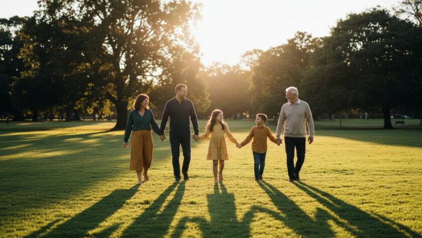 A stunning, dramatic portrait showcasing timeless fine art photography in Caulfield South, featuring a family silhouetted against a golden hour sunset over a peaceful local park, evoking a sense of enduring connection and artistic beauty, professionally colour-graded.