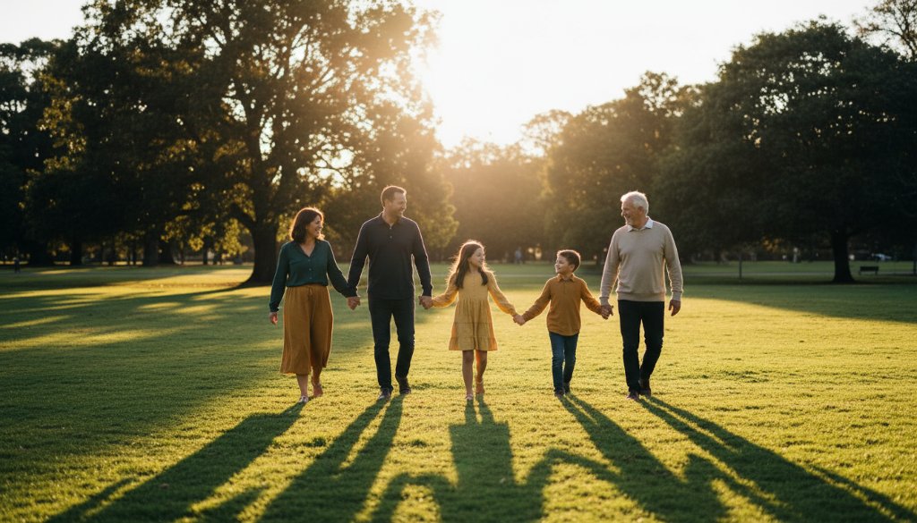 A stunning, dramatic portrait showcasing timeless fine art photography in Caulfield South, featuring a family silhouetted against a golden hour sunset over a peaceful local park, evoking a sense of enduring connection and artistic beauty, professionally colour-graded.