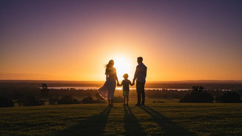 A breathtaking Timeless Fine Art Photography Experience Doncaster East capturing a family on a windswept hill, silhouetted against a dramatic sunset sky, evoking emotion and connection.