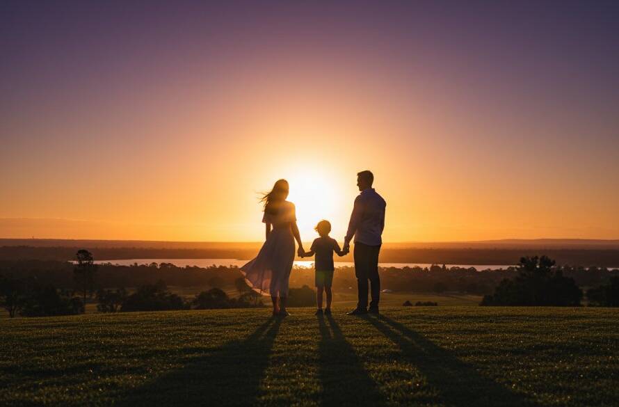 A breathtaking Timeless Fine Art Photography Experience Doncaster East capturing a family on a windswept hill, silhouetted against a dramatic sunset sky, evoking emotion and connection.