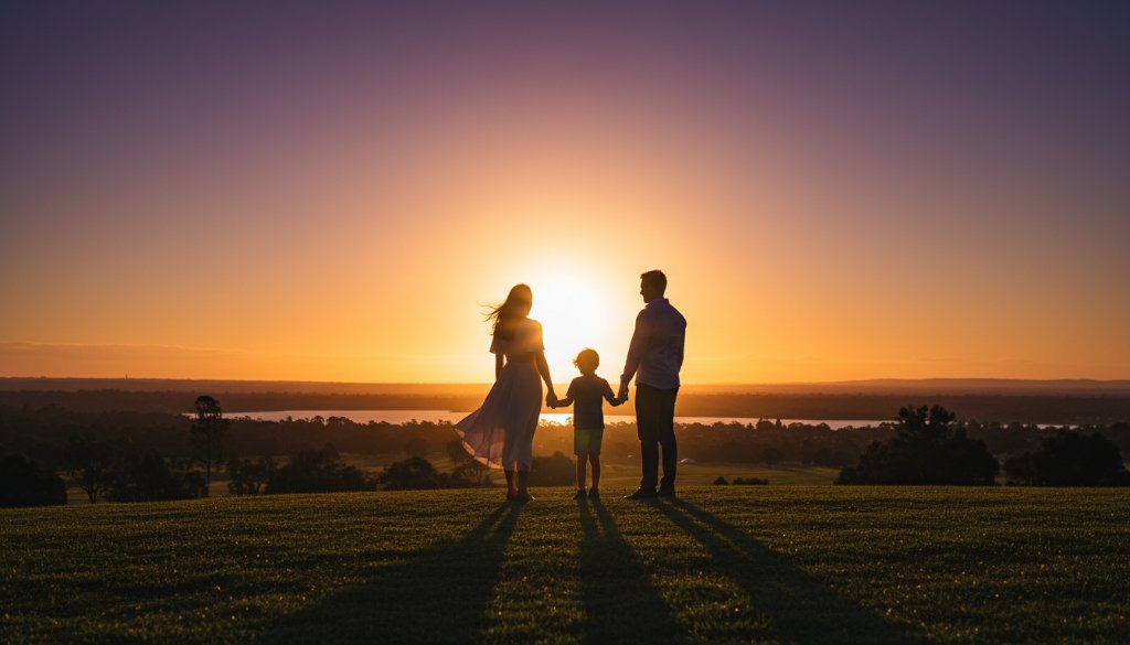 A breathtaking Timeless Fine Art Photography Experience Doncaster East capturing a family on a windswept hill, silhouetted against a dramatic sunset sky, evoking emotion and connection.