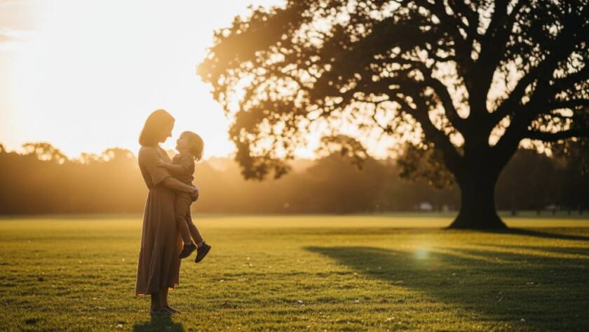 A beautifully composed portrait showcasing Timeless Fine Art Photography Murrumbeena Victoria, with a subject bathed in dramatic golden hour light near Murrumbeena Park's iconic old oak tree, evoking a sense of calm strength and artistic depth.