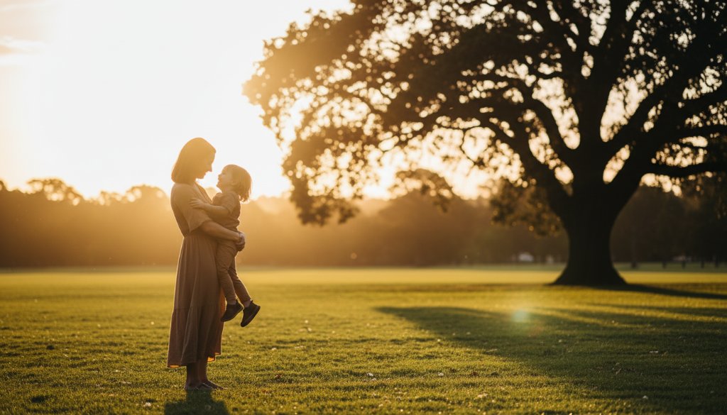 A beautifully composed portrait showcasing Timeless Fine Art Photography Murrumbeena Victoria, with a subject bathed in dramatic golden hour light near Murrumbeena Park's iconic old oak tree, evoking a sense of calm strength and artistic depth.