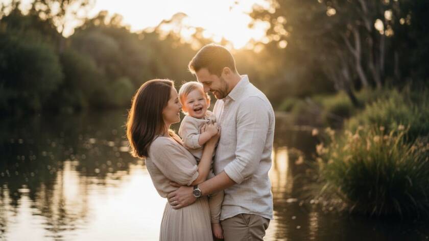 A breathtaking, candid fine art portrait of a family embracing near the Yarra River in Templestowe Lower at sunset, expertly capturing the essence of Timeless Fine Art Photography Templestowe Lower for bespoke wall art, with dramatic lighting and professional colour grading.