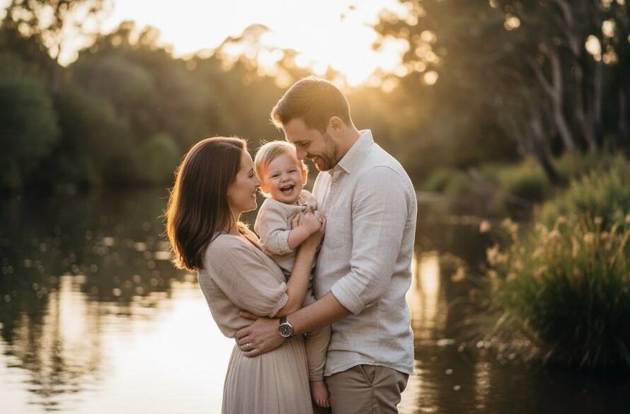 A breathtaking, candid fine art portrait of a family embracing near the Yarra River in Templestowe Lower at sunset, expertly capturing the essence of Timeless Fine Art Photography Templestowe Lower for bespoke wall art, with dramatic lighting and professional colour grading.