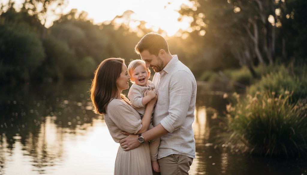 A breathtaking, candid fine art portrait of a family embracing near the Yarra River in Templestowe Lower at sunset, expertly capturing the essence of Timeless Fine Art Photography Templestowe Lower for bespoke wall art, with dramatic lighting and professional colour grading.