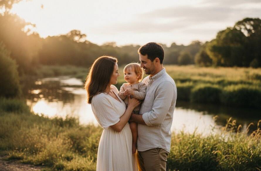 A dramatically lit, emotionally resonant fine art portrait of a family embracing near a serene natural setting in Templestowe Lower, evoking timeless fine art photography Templestowe Lower portraits with warm, cinematic tones.