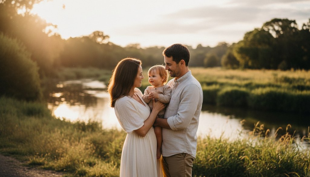 A dramatically lit, emotionally resonant fine art portrait of a family embracing near a serene natural setting in Templestowe Lower, evoking timeless fine art photography Templestowe Lower portraits with warm, cinematic tones.