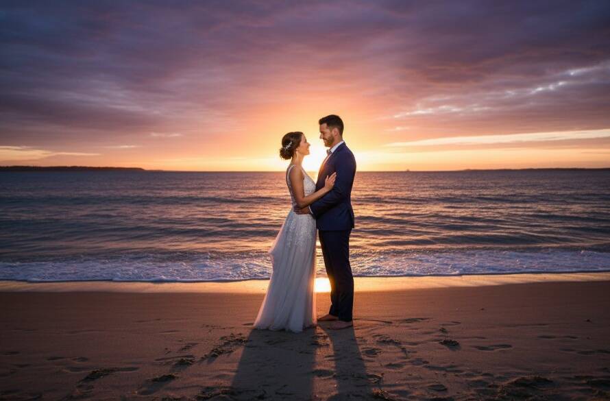 A dramatic sunset capture of a newlywed couple embracing on the sandy shores, showcasing timeless Frankston South beach wedding photography with golden light silhouetting their tender moment.