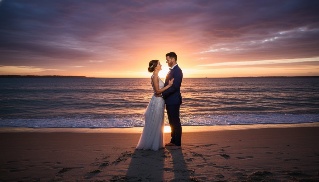 A dramatic sunset capture of a newlywed couple embracing on the sandy shores, showcasing timeless Frankston South beach wedding photography with golden light silhouetting their tender moment.