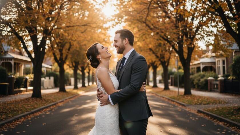 A newlywed couple sharing a joyful, candid laugh amidst the tree-lined streets of Gardenvale, Victoria, bathed in the soft glow of golden hour. This image captures their timeless Gardenvale wedding photography moments with an 'epic moment' feel, showcasing genuine emotion and the beautiful local scenery.