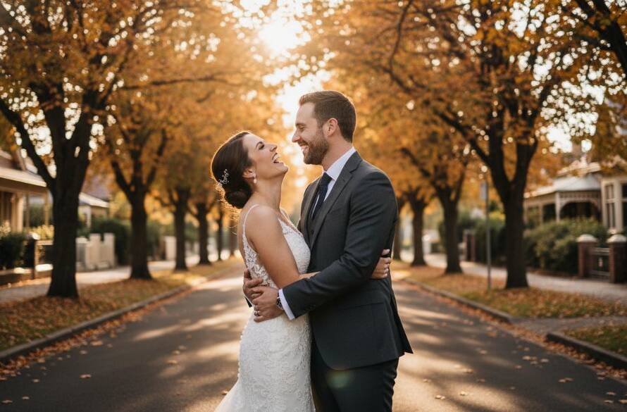 A newlywed couple sharing a joyful, candid laugh amidst the tree-lined streets of Gardenvale, Victoria, bathed in the soft glow of golden hour. This image captures their timeless Gardenvale wedding photography moments with an 'epic moment' feel, showcasing genuine emotion and the beautiful local scenery.