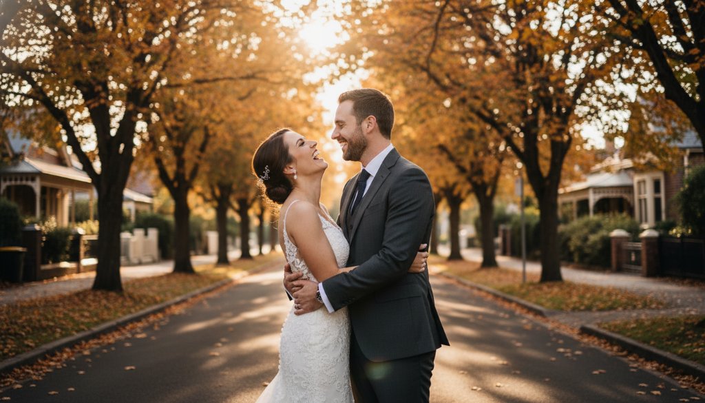 A newlywed couple sharing a joyful, candid laugh amidst the tree-lined streets of Gardenvale, Victoria, bathed in the soft glow of golden hour. This image captures their timeless Gardenvale wedding photography moments with an 'epic moment' feel, showcasing genuine emotion and the beautiful local scenery.