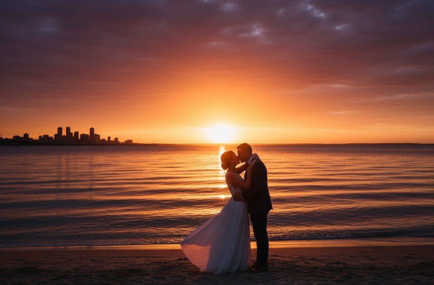 A newlywed couple sharing a joyful, candid moment against the stunning backdrop of a sunset over Corio Bay, embodying timeless Geelong waterfront wedding photography, professionally captured with dramatic light.