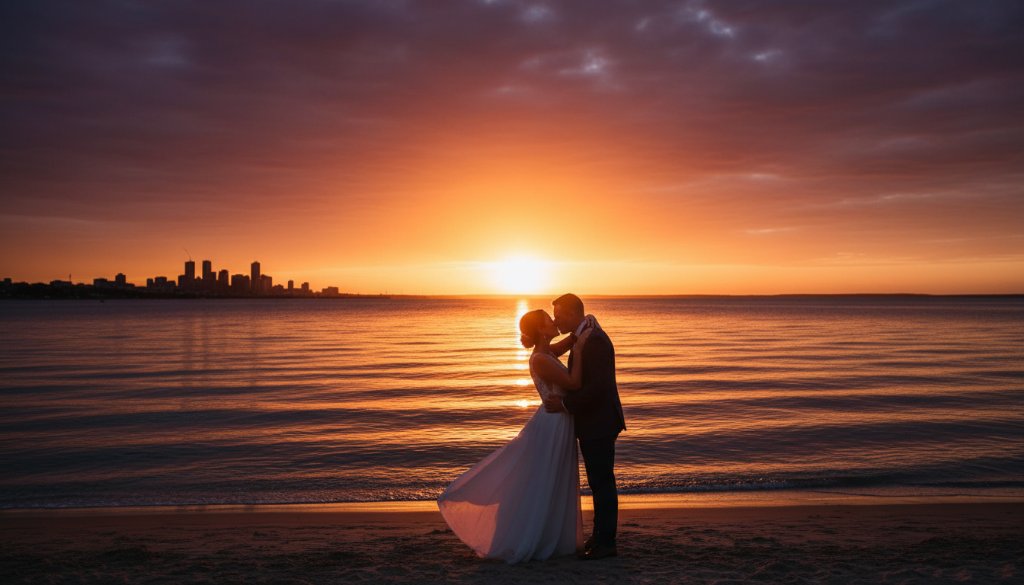 A newlywed couple sharing a joyful, candid moment against the stunning backdrop of a sunset over Corio Bay, embodying timeless Geelong waterfront wedding photography, professionally captured with dramatic light.