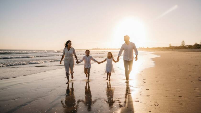 An authentic, emotionally resonant wide shot of a family laughing joyfully by the beach at sunset in Hampton East, Victoria, featuring the warm glow of the sun and subtle lens flare, perfect for timeless genuine family moments photography Hampton East.