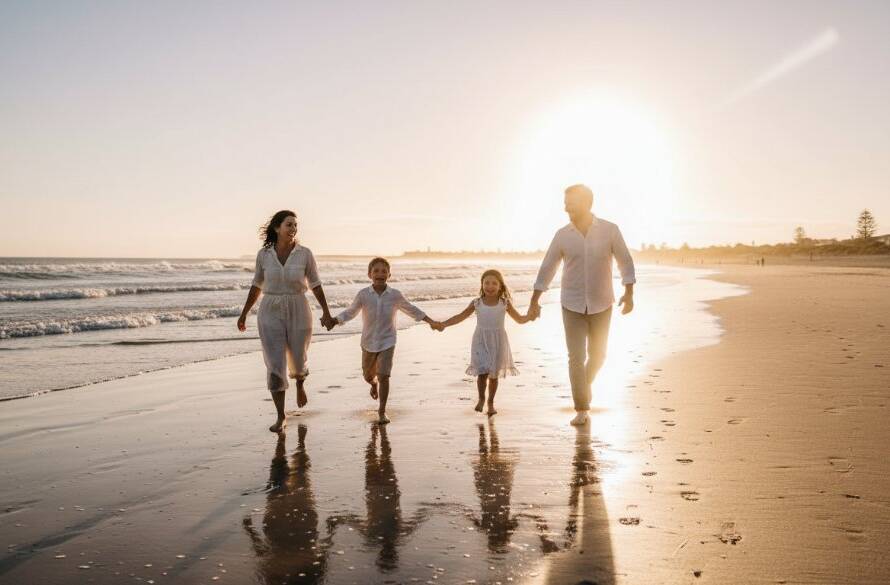 An authentic, emotionally resonant wide shot of a family laughing joyfully by the beach at sunset in Hampton East, Victoria, featuring the warm glow of the sun and subtle lens flare, perfect for timeless genuine family moments photography Hampton East.