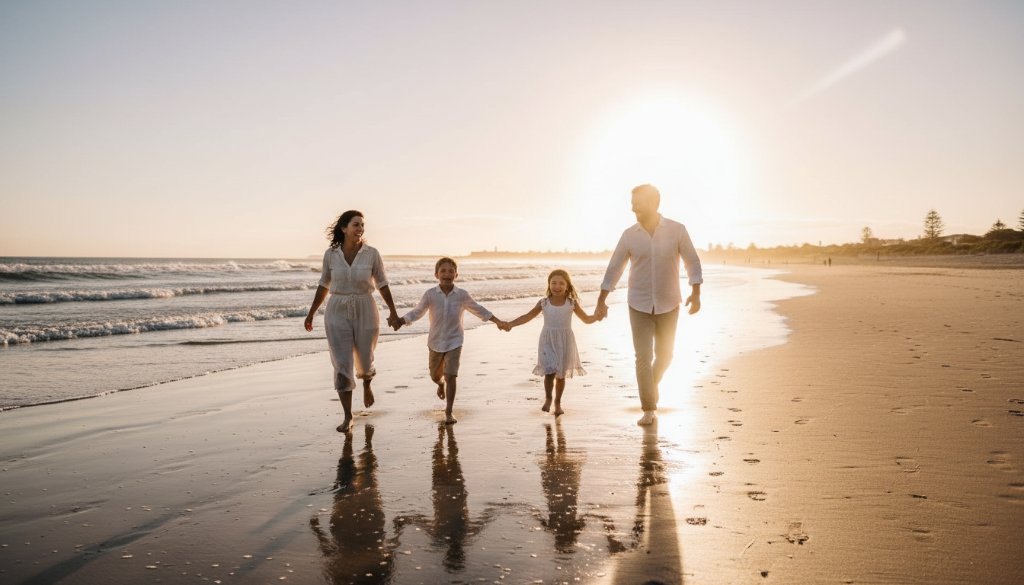 An authentic, emotionally resonant wide shot of a family laughing joyfully by the beach at sunset in Hampton East, Victoria, featuring the warm glow of the sun and subtle lens flare, perfect for timeless genuine family moments photography Hampton East.