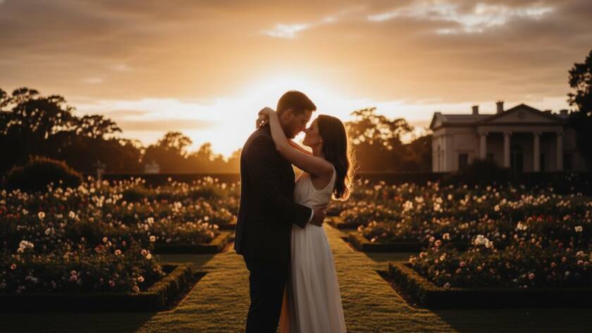 An epic moment of a newlywed couple embracing under a dramatic, soft golden hour light in a beautiful Glen Iris garden, showcasing timeless Glen Iris wedding photography with professional colour grading.