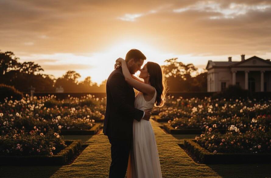 An epic moment of a newlywed couple embracing under a dramatic, soft golden hour light in a beautiful Glen Iris garden, showcasing timeless Glen Iris wedding photography with professional colour grading.