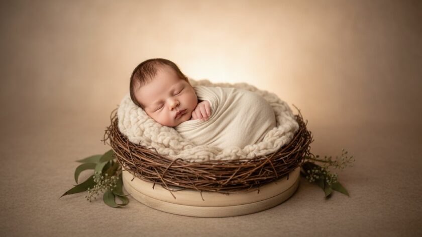 A heartwarming, softly lit 'epic moment' photograph capturing timeless Hamilton Victoria newborn photography, with a tiny baby wrapped snugly, peacefully sleeping in a rustic wooden basket amidst gentle Australian native foliage, evoking a sense of calm and new beginnings.
