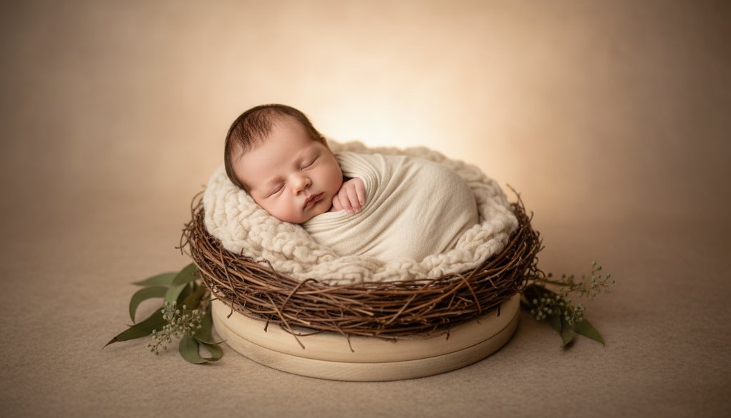 A heartwarming, softly lit 'epic moment' photograph capturing timeless Hamilton Victoria newborn photography, with a tiny baby wrapped snugly, peacefully sleeping in a rustic wooden basket amidst gentle Australian native foliage, evoking a sense of calm and new beginnings.