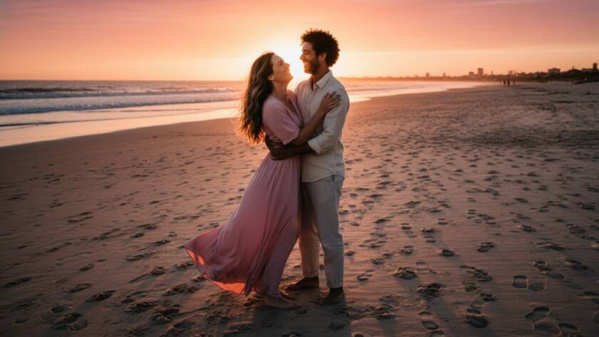 A couple shares a joyful, intimate embrace on the sandy foreshore of Hampton East beach at golden hour, capturing timeless Hampton East engagement photos with dramatic, warm lighting and the vast Australian sky as a backdrop, showcasing their genuine connection.
