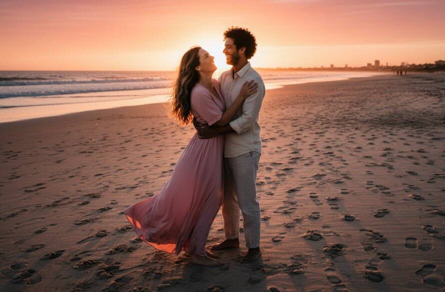 A couple shares a joyful, intimate embrace on the sandy foreshore of Hampton East beach at golden hour, capturing timeless Hampton East engagement photos with dramatic, warm lighting and the vast Australian sky as a backdrop, showcasing their genuine connection.