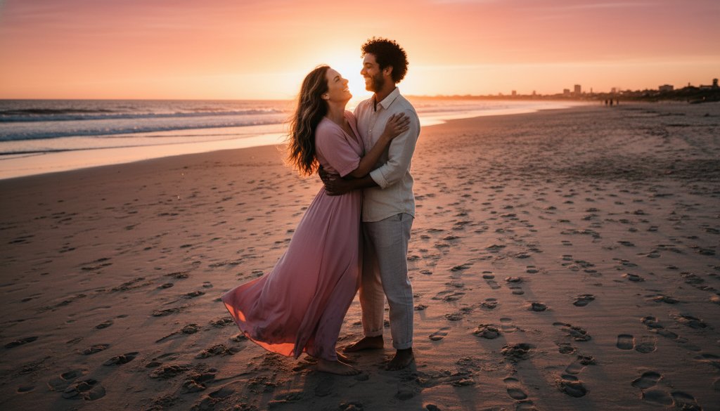 A couple shares a joyful, intimate embrace on the sandy foreshore of Hampton East beach at golden hour, capturing timeless Hampton East engagement photos with dramatic, warm lighting and the vast Australian sky as a backdrop, showcasing their genuine connection.