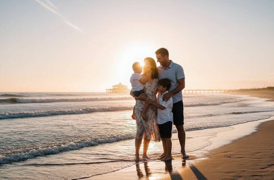 A captivating fine art portrait showcasing a family embracing on Hampton beach at sunset, embodying the essence of Timeless Hampton fine art family portraits Victoria with dramatic lighting.