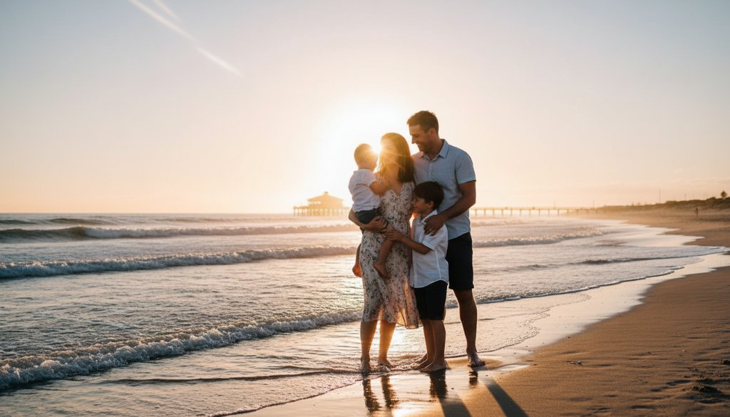 A captivating fine art portrait showcasing a family embracing on Hampton beach at sunset, embodying the essence of Timeless Hampton fine art family portraits Victoria with dramatic lighting.