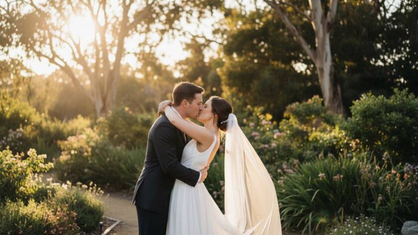 A newlywed couple sharing a joyful embrace under the golden hour light in a scenic Hampton Park garden, showcasing timeless Hampton Park wedding photography portraits with professional color grading.