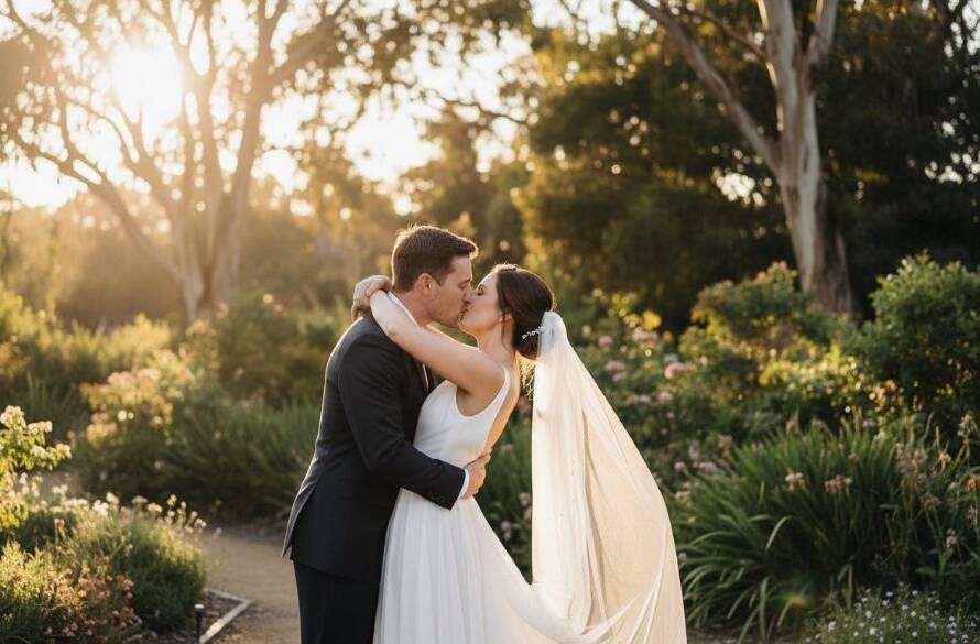 A newlywed couple sharing a joyful embrace under the golden hour light in a scenic Hampton Park garden, showcasing timeless Hampton Park wedding photography portraits with professional color grading.