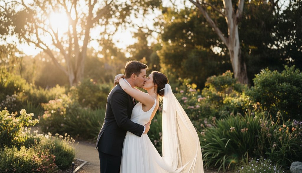 A newlywed couple sharing a joyful embrace under the golden hour light in a scenic Hampton Park garden, showcasing timeless Hampton Park wedding photography portraits with professional color grading.