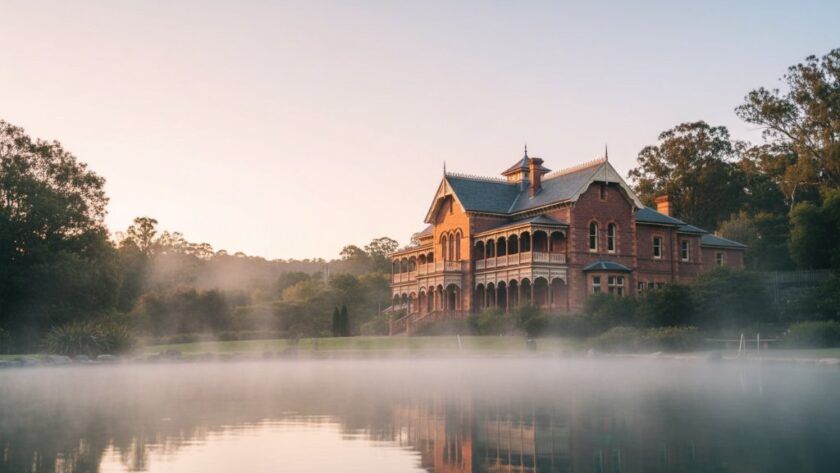 Dramatic wide shot capturing the timeless Hepburn Springs heritage architecture photography of the historic Hepburn Bathhouse at sunrise, with golden light illuminating its ornate facade and steam rising from the springs in the foreground, creating a mystical, professional portfolio hero shot.