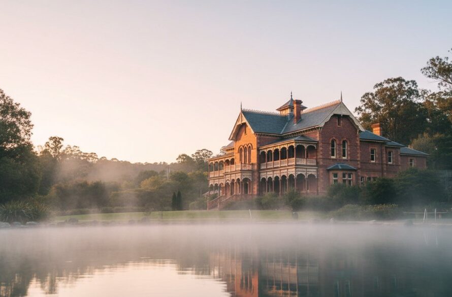 Dramatic wide shot capturing the timeless Hepburn Springs heritage architecture photography of the historic Hepburn Bathhouse at sunrise, with golden light illuminating its ornate facade and steam rising from the springs in the foreground, creating a mystical, professional portfolio hero shot.
